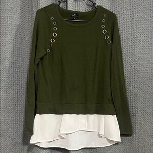 Olive Knit Top with cream Layered Hem and Eyelet Detail